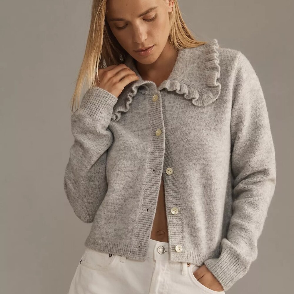 The Ainsley Ruffle-Collar Cardigan Sweater by Self Contrast, M